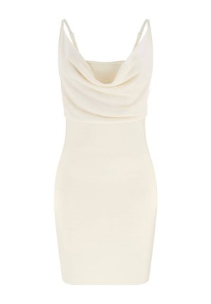 Robe mini ajustée couleur crème avec fines bretelles et un col bénitier drapé.