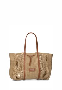Geweven stro handbag in beige met bruine leren handvatten. Heeft een open geweven ontwerp en een rechthoekige vorm. Inclusief een merketiket.