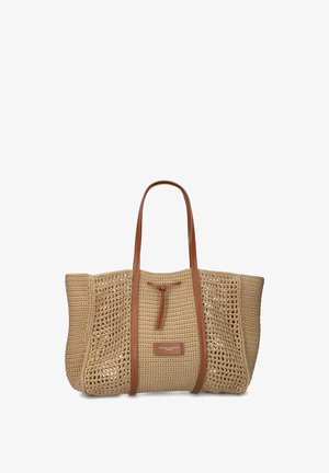 Geweven stro handbag in beige met bruine leren handvatten. Heeft een open geweven ontwerp en een rechthoekige vorm. Inclusief een merketiket.