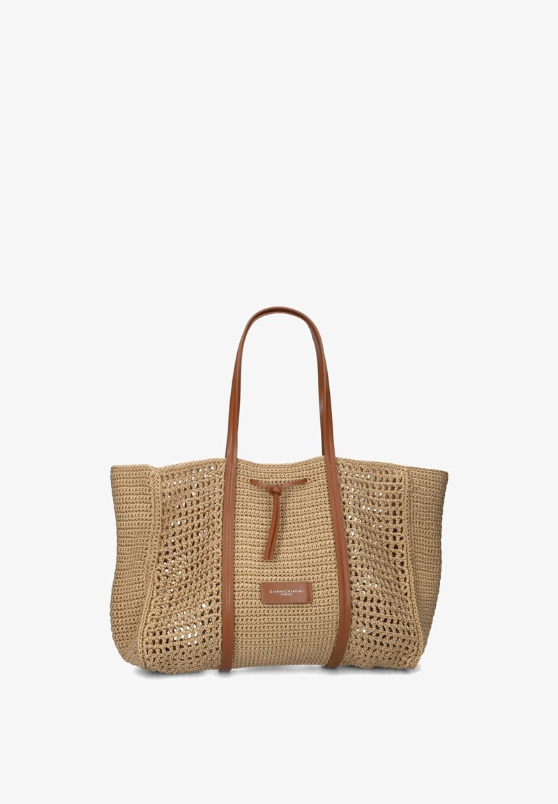 Geweven stro handbag in beige met bruine leren handvatten. Heeft een open geweven ontwerp en een rechthoekige vorm. Inclusief een merketiket.