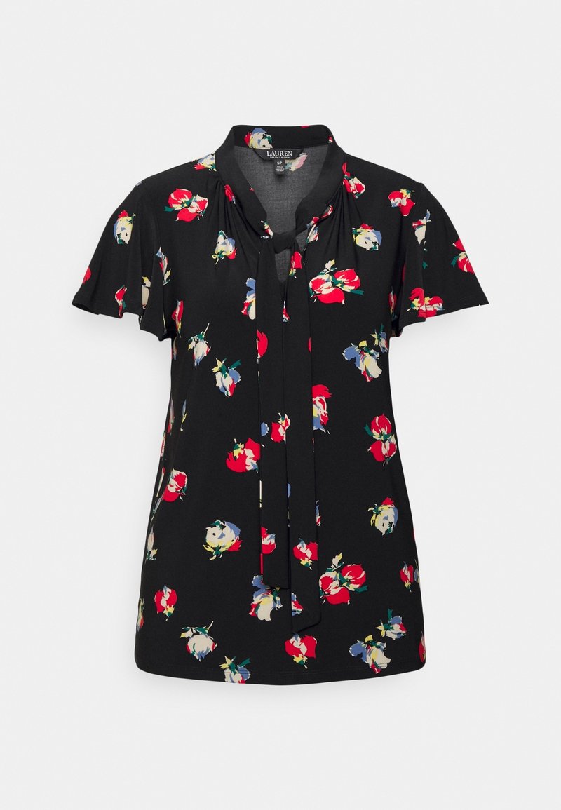 Blouse noire à manches courtes avec une coupe ample, un imprimé floral multicolore et un détail de lien noué à l'encolure devant.