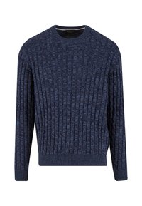 Granatowy sweter z teksturowanym prążkowanym wzorem, okrągłym dekoltem i długimi rękawami. Dziewiarski materiał o lekko dopasowanej sylwetce.