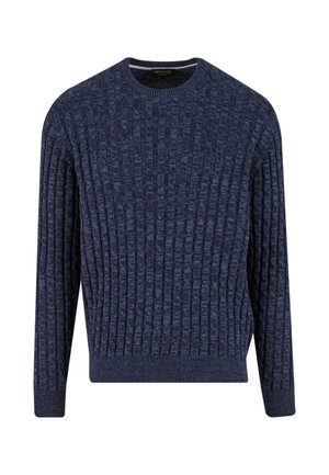 Suéter azul marino con un patrón de canalé texturizado, cuello redondo y mangas largas. Tejido de punto con una silueta ligeramente ajustada.
