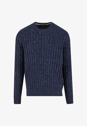 Marinblå tröja med en strukturerad ribbad mönstring, rund halsringning och långa ärmar. Stickat tyg med en något figurnära silhuett.