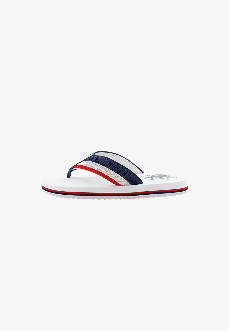 Sisäsaappaat, joissa on valkoinen pohja ja tummansinisiä, valkoisia sekä punaisia rakenteellisia nauhoja. Mukana on raidoitettu malli ja logo pohjassa.