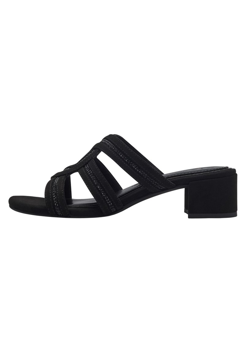 Sandale à talon bloc noir avec des brides croisées dotées de détails texturés, en matériau doux imitant le daim, et une semelle plate.