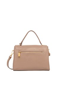 Sac à main en cuir beige au design structuré, avec une poignée supérieure unique, une bandoulière amovible et une poche zippée à l'avant avec des détails en métal doré.