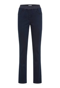 Jeans blu scuro con vita a taglio aderente, due tasche frontali e design a gamba dritta. Realizzati in tessuto denim con una texture liscia.