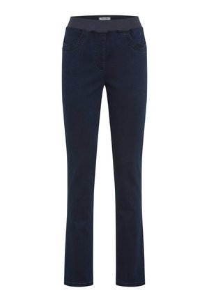 Dunkelblaue Jeans mit einem taillierten Bund, zwei vorderen Taschen und einem geraden Bein-Design. Aus Denim-Stoff mit einer glatten Textur gefertigt.