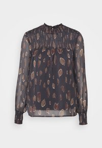 Blusa trasparente a maniche lunghe di colore grigio scuro con stampa animale marrone e beige. Presenta un collo arricciato e dettagli smock sul petto.