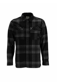 Camicia di flanella a quadri nera e grigia con chiusura a bottoni, due tasche sul petto e colletto arrotondato. Texture morbida con un modello classico.