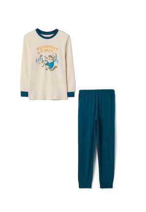 Maglietta a maniche lunghe per bambini con cartone animato di procione e scritta "Breakfast Time!", abbinata a pantaloni con vita elasticizzata color verde petrolio.