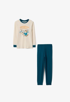 Maglietta a maniche lunghe per bambini con cartone animato di procione e scritta "Breakfast Time!", abbinata a pantaloni con vita elasticizzata color verde petrolio.