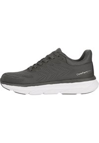 Grauer Sportschuh mit einem Mesh-Obermaterial, dicker weißer Zwischensohle, strukturierter Gestaltung und grauen Schnürsenkeln. Verfügt über die "ComfortFIT+"-Marke an der Seite.