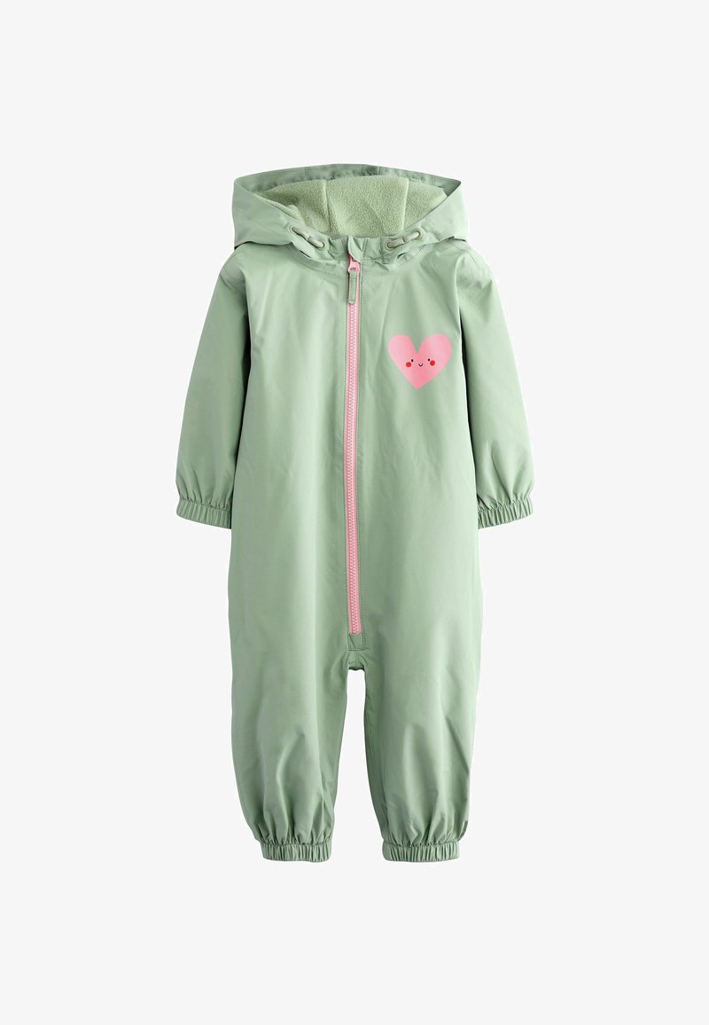 Tuta impermeabile monopezzo verde chiaro con chiusura a zip rosa e grafica a forma di cuore. Presenta un cappuccio e polsini elasticizzati. Texture morbida.