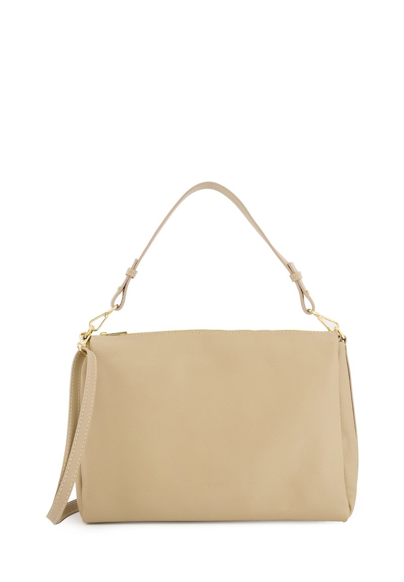 Beige Handtasche aus Leder mit strukturiertem Oberflächenmaterial, doppelten Tragegriffen, goldenen Hardware-Akzenten und einem Reißverschluss. Rechteckige Form.