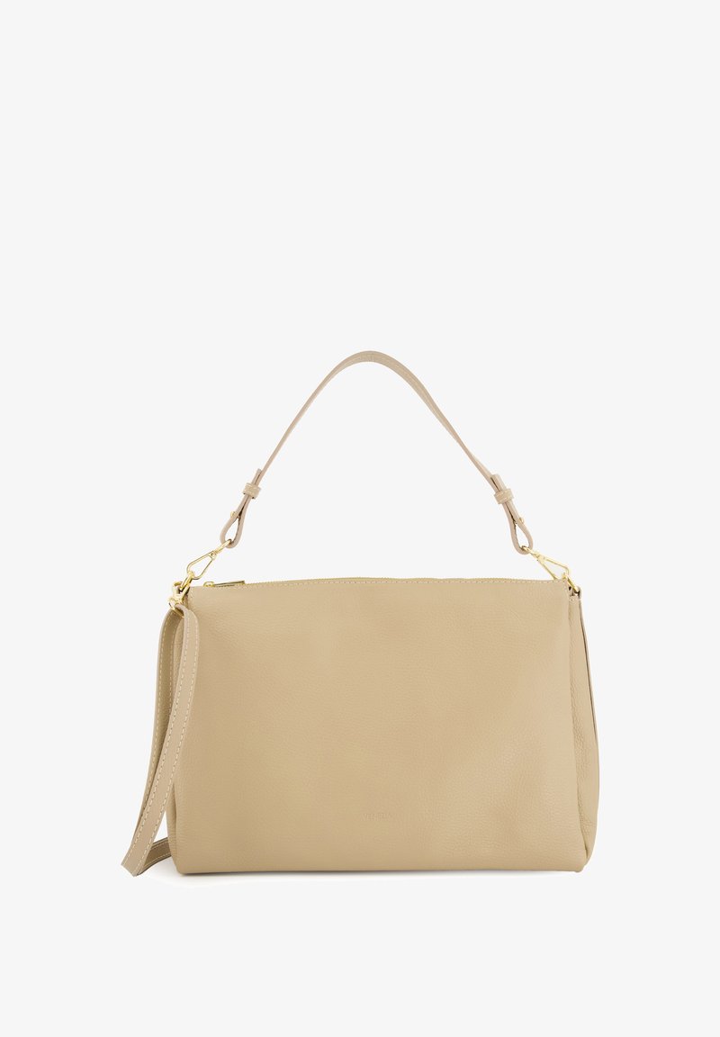 Beige Handtasche aus Leder mit strukturiertem Oberflächenmaterial, doppelten Tragegriffen, goldenen Hardware-Akzenten und einem Reißverschluss. Rechteckige Form.