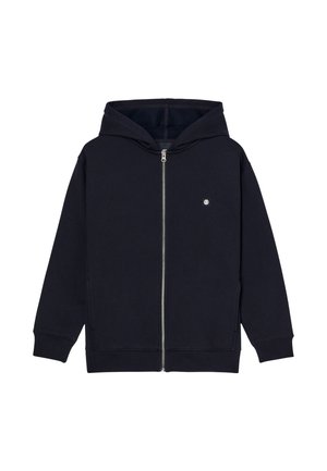 Felpa nera con zip completa, maniche lunghe, tasche frontali, piccolo logo sul petto e cappuccio attaccato.