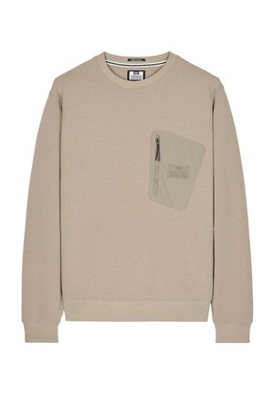 Beige sweatshirt med rund halsudskæring, lange ærmer og en frontlomme med lynlåslukning og prægede logo detaljer. Blød stoftekstur.