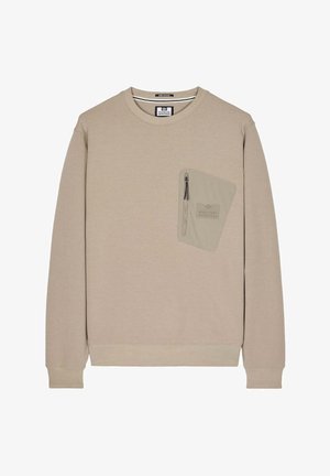 Sweatshirt bej cu guler rotund, mâneci lungi și un buzunar frontal cu închidere prin fermoar și detaliu cu logo embosat. Textură moale a materialului.
