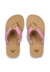 Różowo-białe japonki z miękką beżową wkładką. Paski z teksturą i logo umieszczone na środku wkładki.