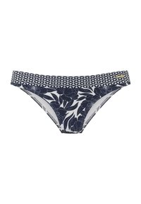 Bikini spodnjik za plavanje z mornarsko modrim cvetličnim vzorcem na belem blagu, s pasom v geometrijskem dizajnu. Srednja pokritost in gladka tekstura.