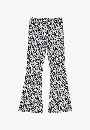 Hüftbreite Hose aus dunkelblauem Stoff mit einem weißen Blumenmuster. Verfügt über einen glatten Bund und eine weiche Textur. Das Design umfasst das gesamte Kleidungsstück.
