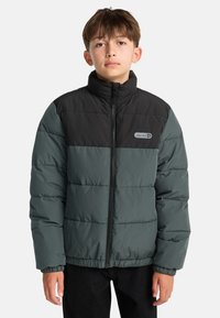 Giacca imbottita in verde scuro e nero, con colletto alto, cuciture verticali, polsini elastici e zip frontale. Patch con logo sul petto.