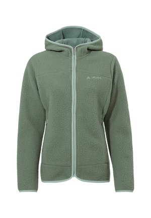Grüne Fleecejacke mit Kapuze, ausgestattet mit einem durchgehenden Reißverschluss, Seitentaschen und kontrastierendem hellgrünen Saum entlang des Reißverschlusses und der Ärmelbündchen.