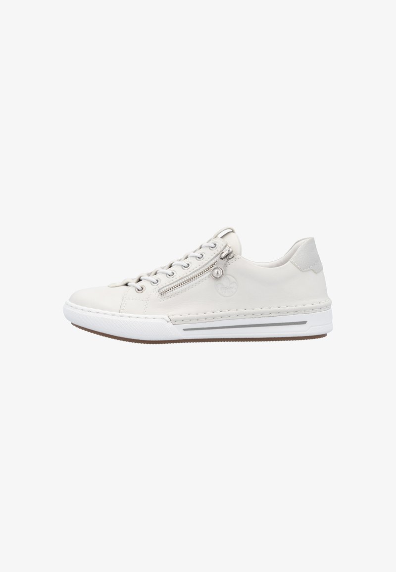 White leather sneaker with a low profile, round toe, metal zipper detail on the side, and white rubber sole with textured accents.