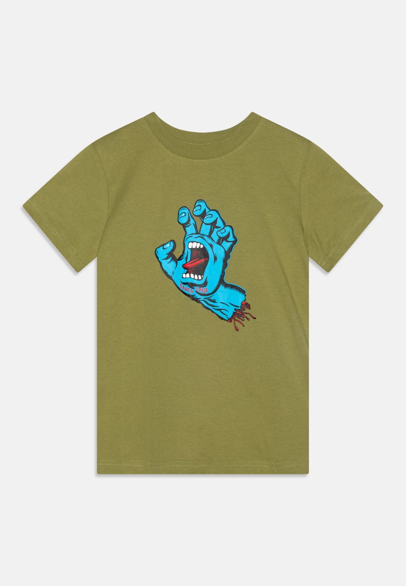 Olive green T-shirt featuring a graphic of a blue, screaming hand with red accents. Short sleeves and crew neckline. Made of cotton.