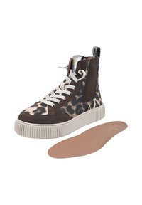 High-Top-Sneaker mit einem braunen Leopardenmuster, grauen Wildlederakzenten, weißen Schnürsenkeln und einer strukturierten Gummisohle. Mit Einlegesohle.