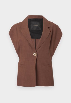 Barna ujjatlan blézer egygombos záródással, bemetszett hajtókával, elülső zsebekkel és fekete belső béléssel, rajta márkajelzéssel.