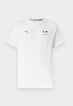 Weißes T-Shirt mit kurzen Ärmeln, auf der rechten Brust mit Puma-Logo und auf der linken Brust mit BMW Motorsport-Logo.