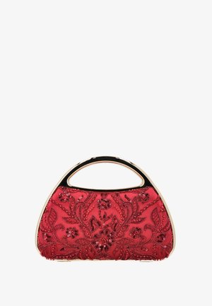 Red evening clutch bag with floral embroidery and sequins, featuring a gold-tone metal frame and integrated handle.