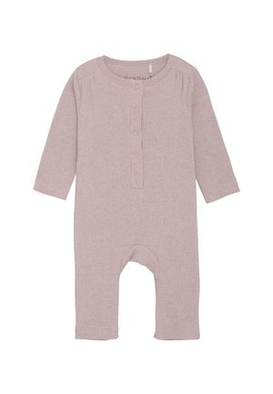 Helle lila, gerippte Babystrampler mit langen Ärmeln, vorderem Knopfverschluss und offenem Fußdesign. Weicher Stoff, geeignet für Säuglinge.