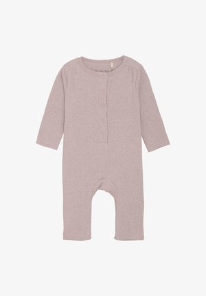 Romper pour bébé en lilas clair, à côtes, avec des manches longues, fermeture à boutons sur le devant et design ouvert au niveau des pieds. Texture douce, adaptée aux nourrissons.
