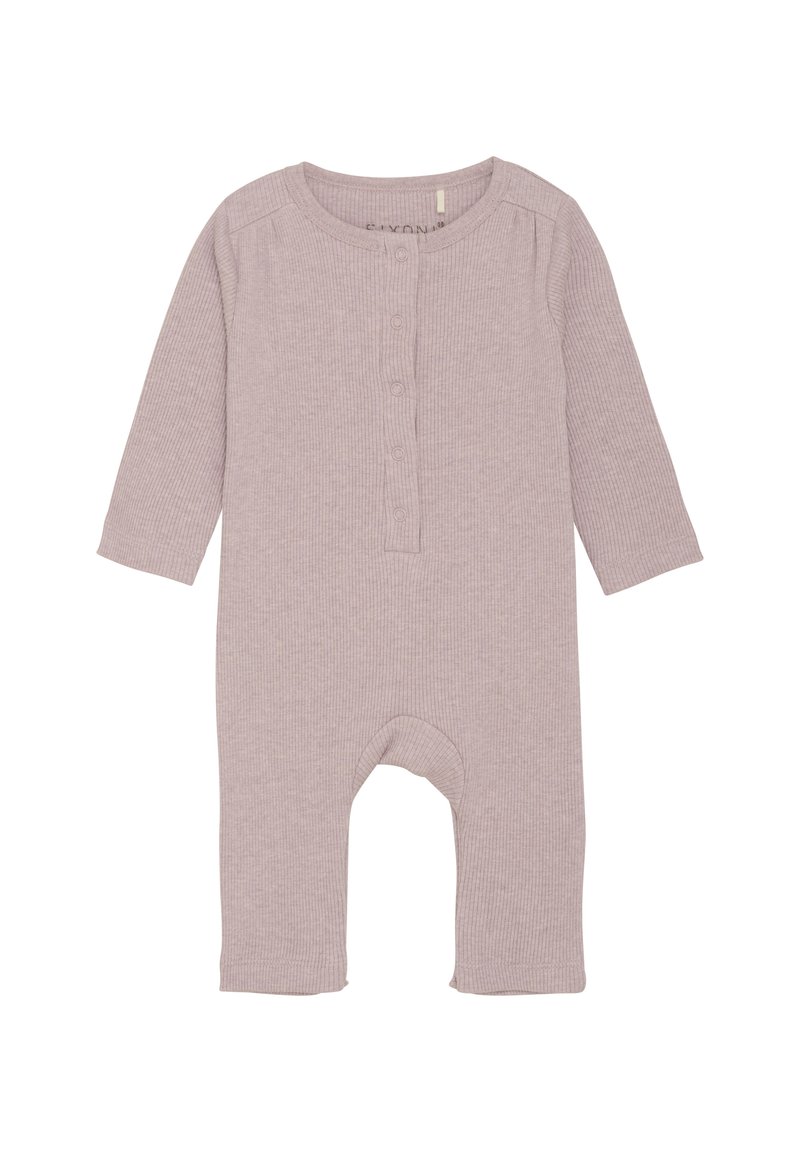 Lichtpaarse geribbelde babypak met lange mouwen, knoopsluiting aan de voorkant en open voetontwerp. Zachte textuur, geschikt voor zuigelingen.
