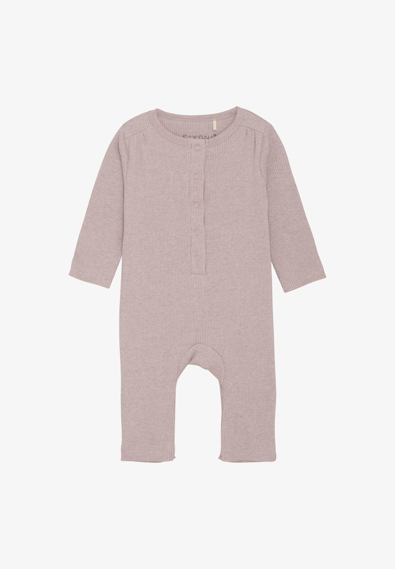 Romper pour bébé en lilas clair, à côtes, avec des manches longues, fermeture à boutons sur le devant et design ouvert au niveau des pieds. Texture douce, adaptée aux nourrissons.