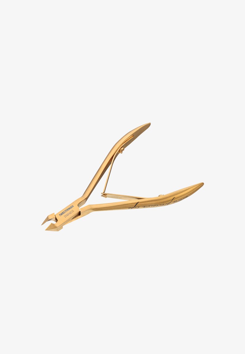 Tronchese per cuticole in acciaio inox dorato con lame angolate e affilate e meccanismo a molla per una cura precisa delle unghie.
