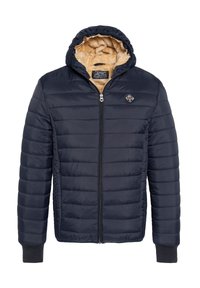 Giubbino imbottito blu navy con zip frontale, morbido rivestimento in pile color beige e cappuccio. Presenta un tessuto esterno trapuntato e maniche con polsini.