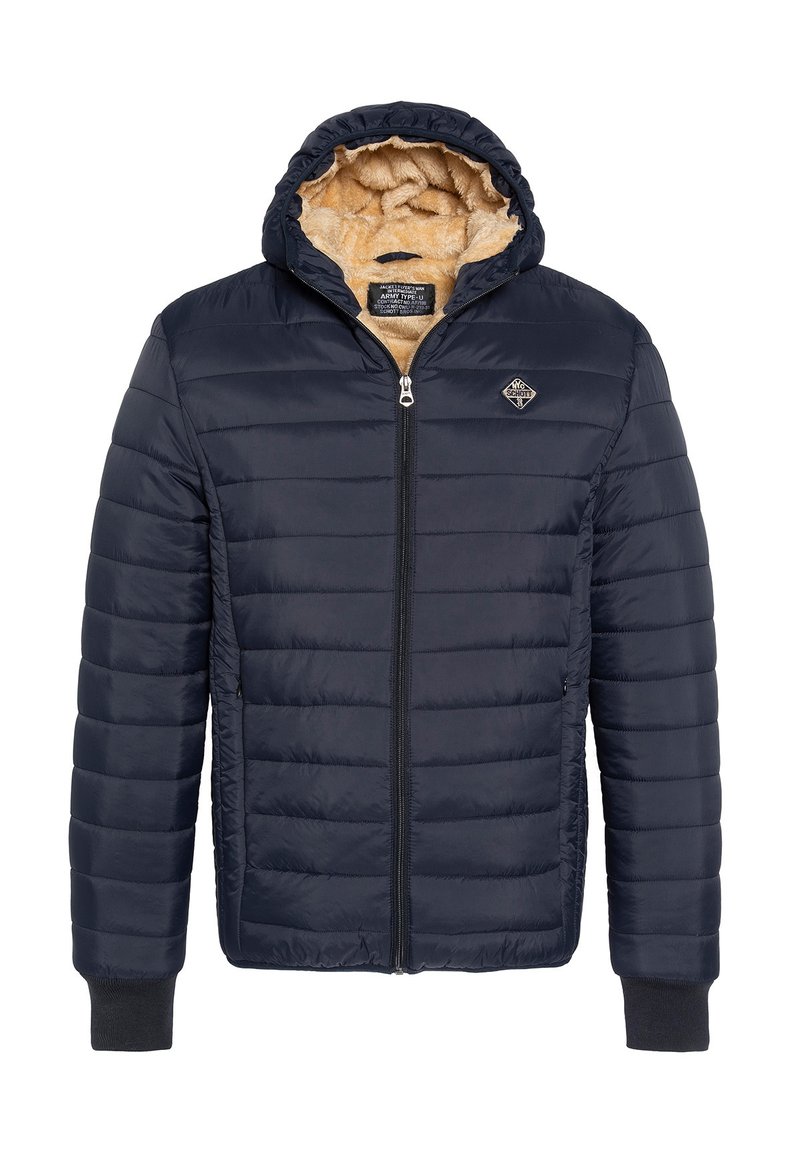 Giubbino imbottito blu navy con zip frontale, morbido rivestimento in pile color beige e cappuccio. Presenta un tessuto esterno trapuntato e maniche con polsini.