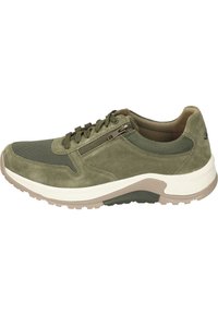 Grüne Sneakers aus Wildleder und Mesh mit abgerundeter Spitze, Schnürung, seitlichem Reißverschluss und einer hellen, strukturierten Sohle.