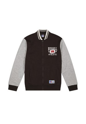 Giacca varsity nera e grigia con zip, logo "Russell Athletic" sul petto, colletto a righe e toppa vicino all'orlo.