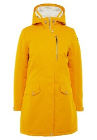 Parka imperméable jaune avec capuche, deux poches avant et une poche poitrine zippée. Dispose d'une doublure intérieure lisse et de poignets ajustables.
