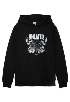 Sweat à capuche noir avec un grand motif monochrome de papillon et le texte audacieux "UNLMTD" sur la poitrine.