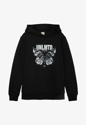 Sweat à capuche noir avec un grand motif monochrome de papillon et le texte audacieux "UNLMTD" sur la poitrine.