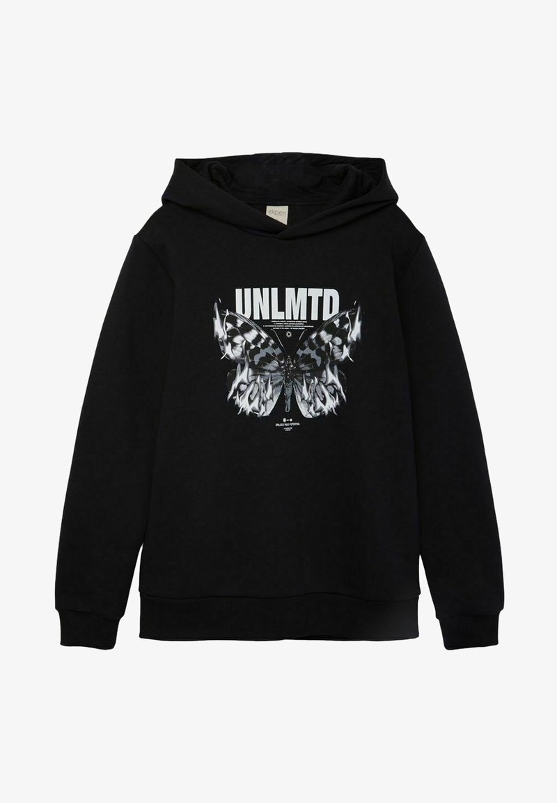 Sweat à capuche noir avec un grand motif monochrome de papillon et le texte audacieux "UNLMTD" sur la poitrine.