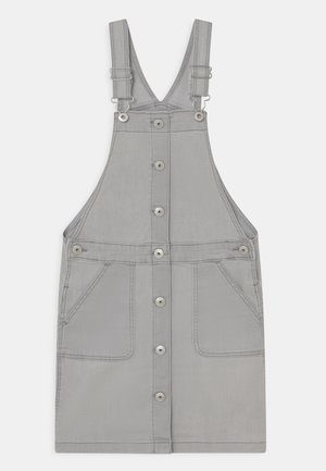 Grå denim overallkjole med justerbare stropper, frontknaplukning og to rummelige sidelommer. Glat tekstur og minimalistisk design.