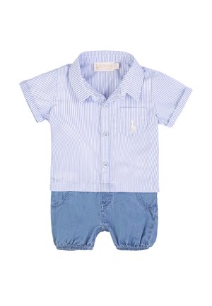 Camicia a maniche corte a righe blu e bianche con taschino sul petto abbinata a pantaloncini azzurri con orlo elasticizzato per neonato.